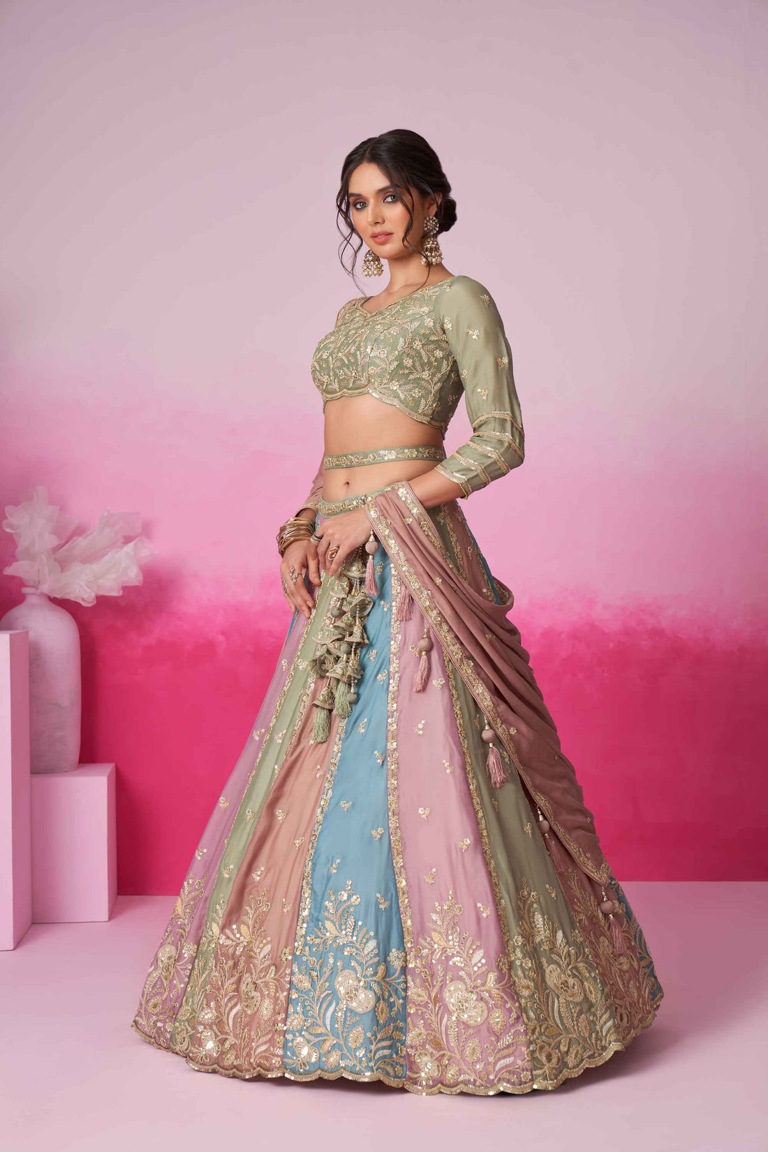 Stylish Lime Green Georgette Lehenga Choli with Sequins - Rent