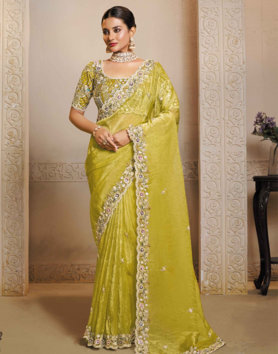 Stylish Lime Green Organza Satin Saree with Artistic Thread Embroidery & Stone Handwork with Satin Silk Blouse - Buy