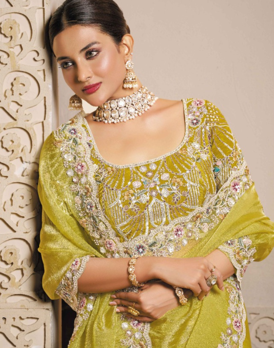 Stylish Lime Green Organza Satin Saree with Artistic Thread Embroidery & Stone Handwork with Satin Silk Blouse - Buy