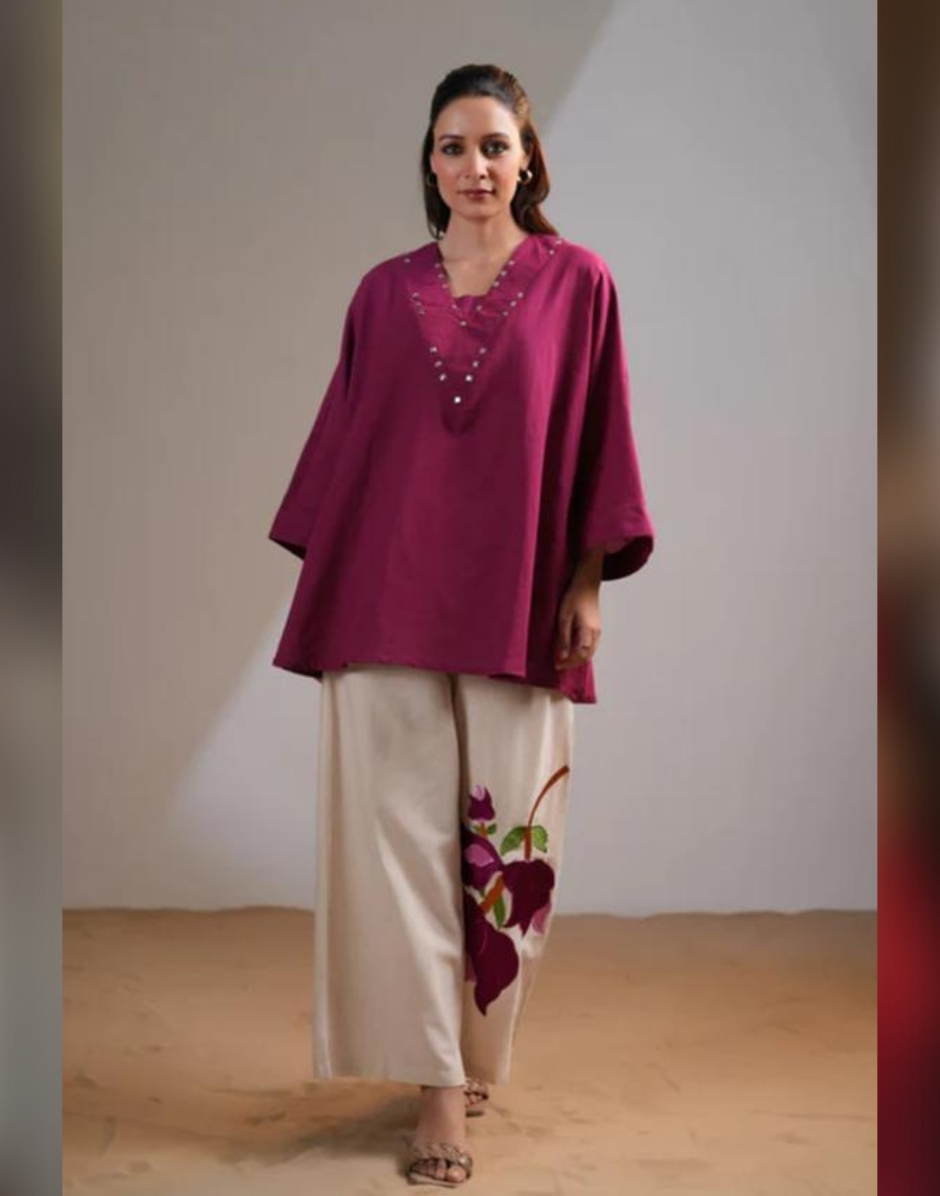 Stylish Maroon Cotton Co-ord Set Embroidered Yoke Top with Cream Palazzo Pants - Buy