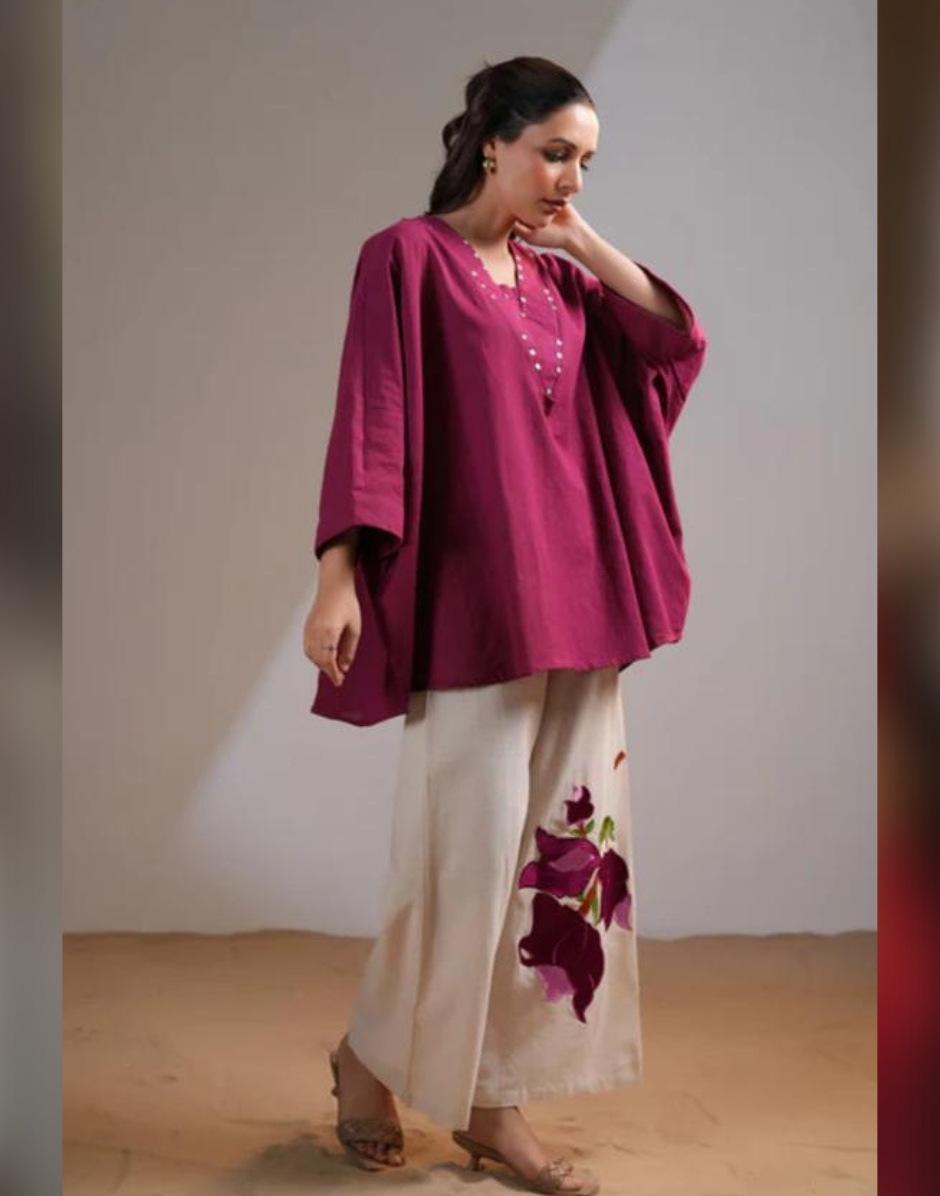 Stylish Maroon Cotton Co-ord Set Embroidered Yoke Top with Cream Palazzo Pants - Buy