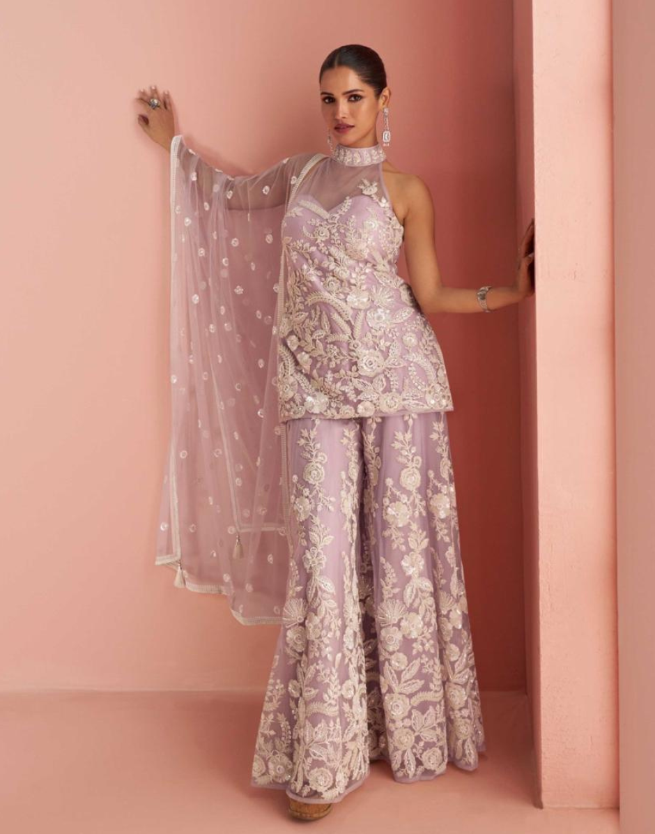 Stylish Mauve Ethnic Set Halter Neck Beaded Top with Heavily Embroidered Palazzo