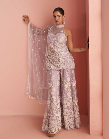 Stylish Mauve Ethnic Set Halter Neck Beaded Top with Heavily Embroidered Palazzo