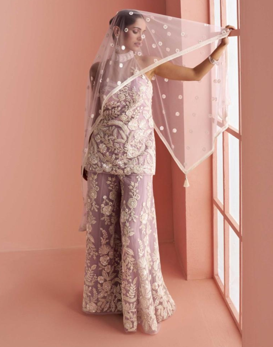 Stylish Mauve Ethnic Set Halter Neck Beaded Top with Heavily Embroidered Palazzo_2