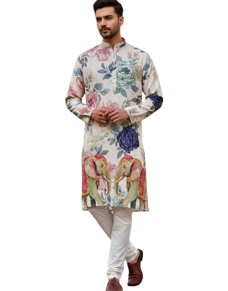 Stylish Men’s Floral & Elephant Print Kurta Premium Festive Wear Kurta - Buy
