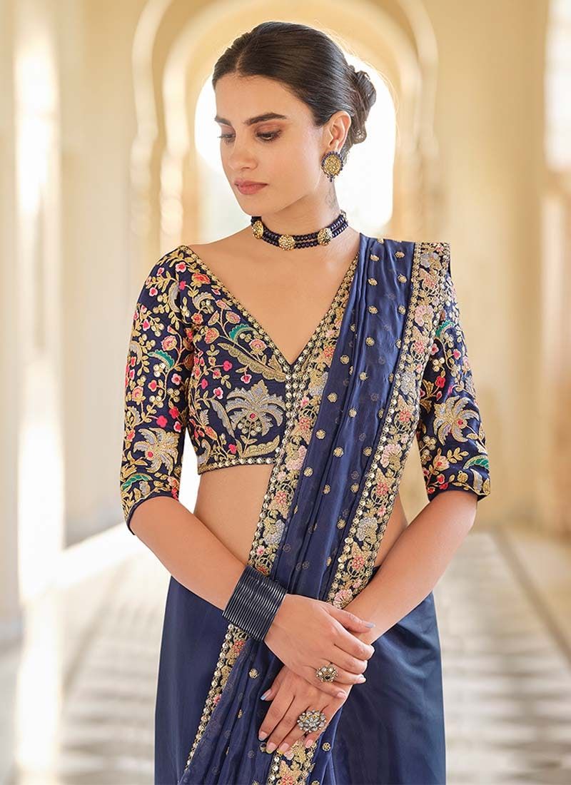 Stylish Navy Blue Ceremonial Embroidered Saree And Blouse - Rent