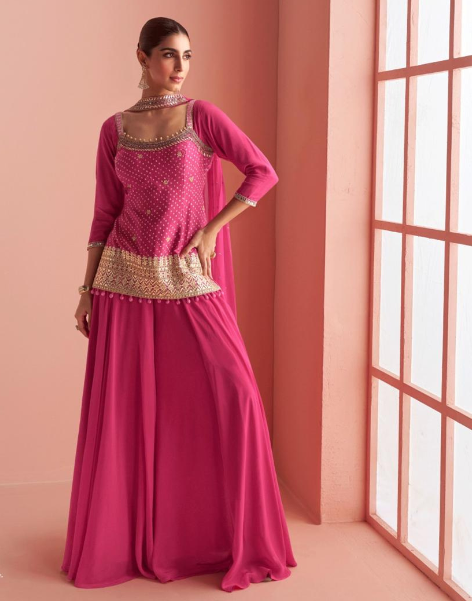 Stylish Pink Mirror Embroidered Short Top with Palazzo and Dupatta Ethnic Wear Ensemble