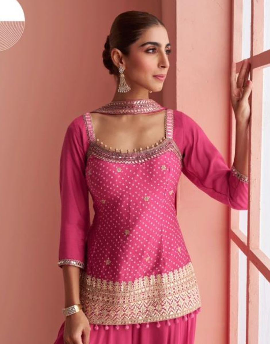 Stylish Pink Mirror Embroidered Short Top with Palazzo and Dupatta Ethnic Wear Ensemble