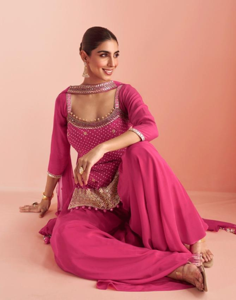 Stylish Pink Mirror Embroidered Short Top with Palazzo and Dupatta Ethnic Wear Ensemble_2