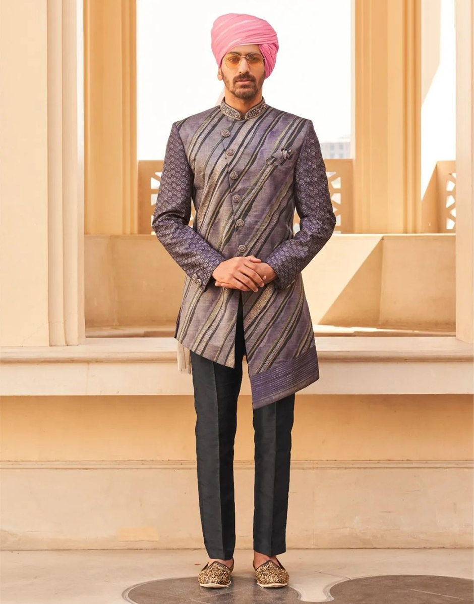 Stylish Purple Art Silk Kurta Pyjama Set with Foil Detailing Festive & Party Wear