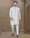 Stylish White Floral Ethnic Set for Men Jacquard Silk Kurta, Pants & Jacket