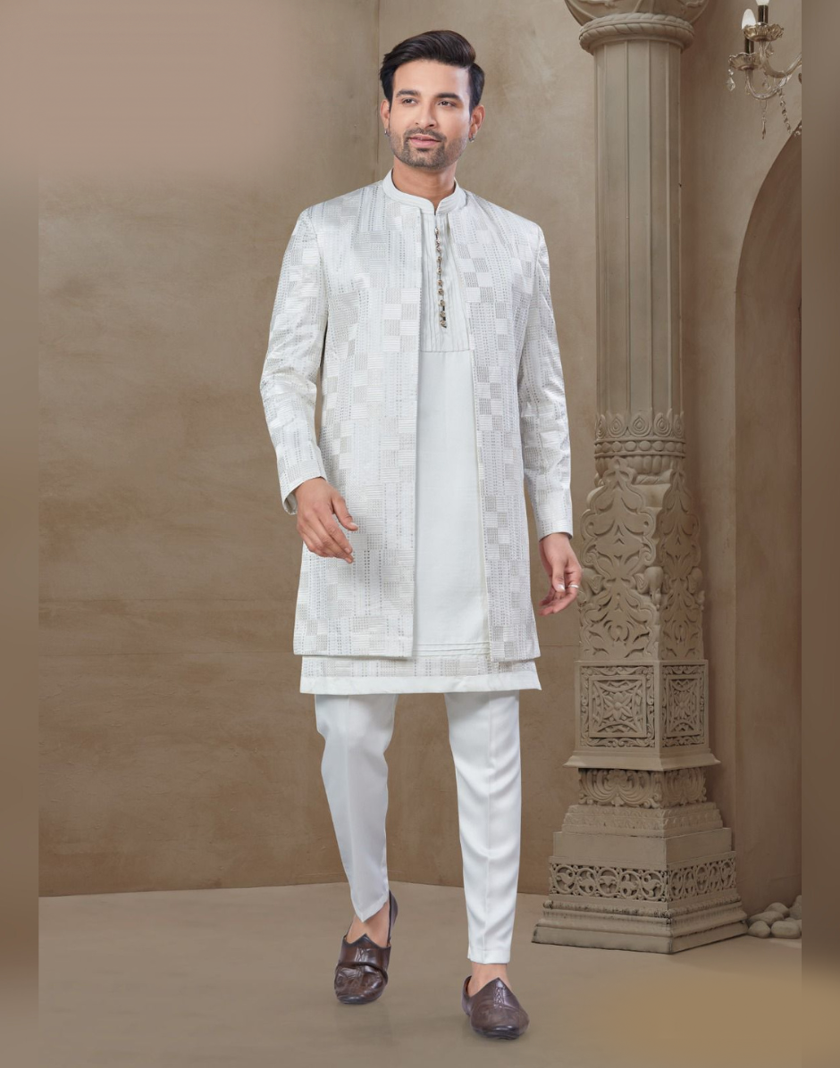Stylish White Floral Ethnic Set for Men Jacquard Silk Kurta, Pants & Jacket