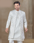 Stylish White Floral Ethnic Set for Men Jacquard Silk Kurta, Pants & Jacket_1