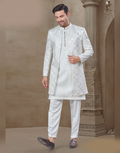 Stylish White Floral Ethnic Set for Men Jacquard Silk Kurta, Pants & Jacket_2