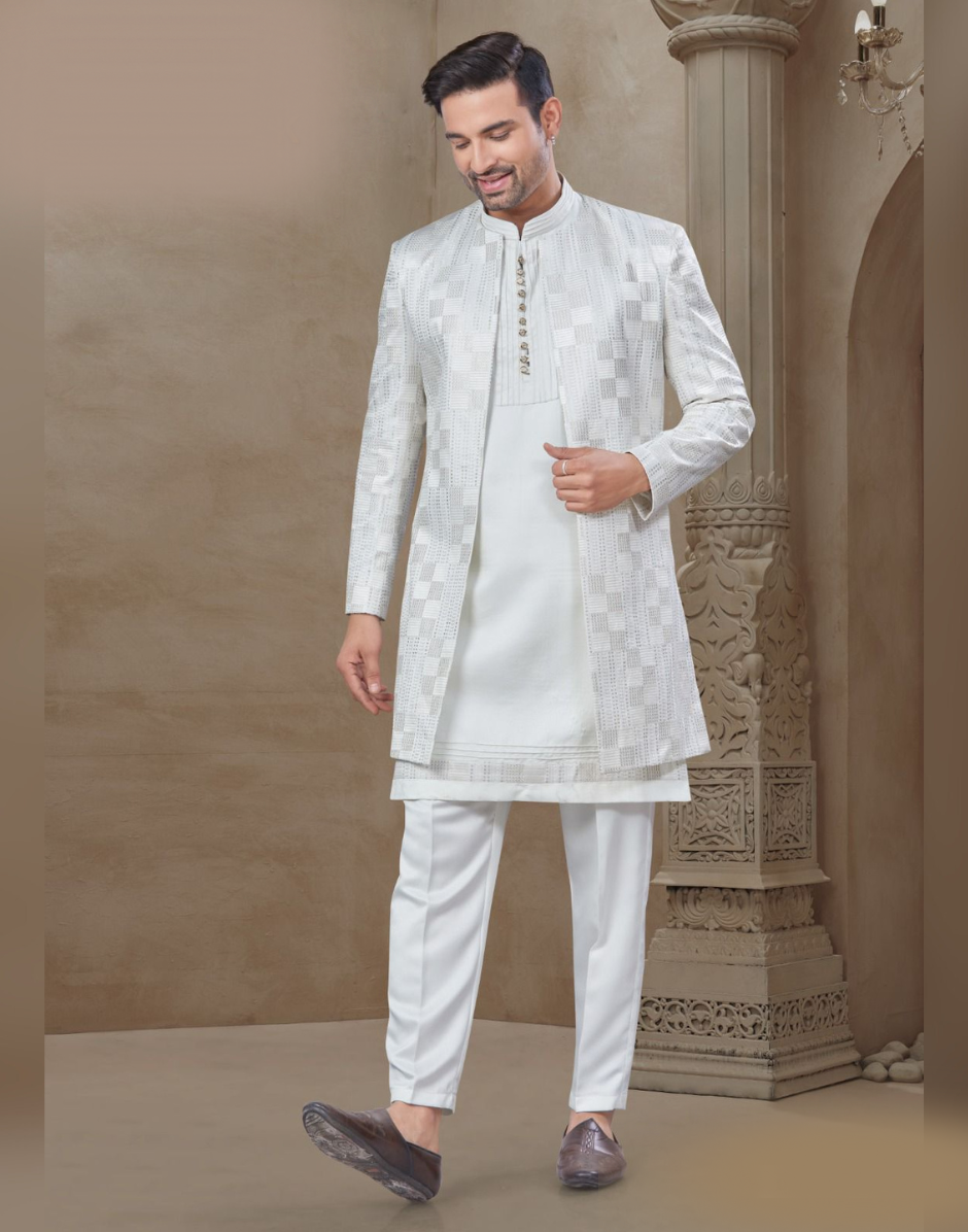 Stylish White Floral Ethnic Set for Men Jacquard Silk Kurta, Pants & Jacket_2