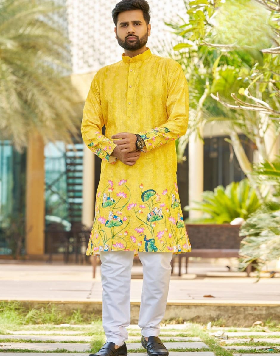 Stylish Yellow Kurta for Men with Floral Print Traditional Festive Outfit - Buy