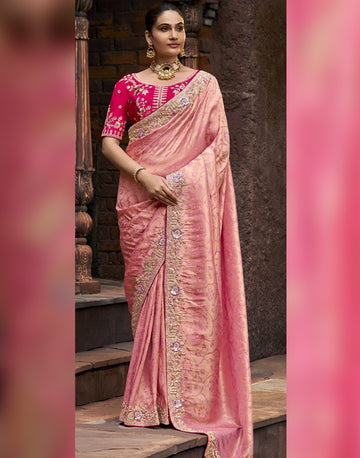 Subtle Elegance in Every Detail Pink Designer Self-Design Embroidered Viscose Tissue Saree