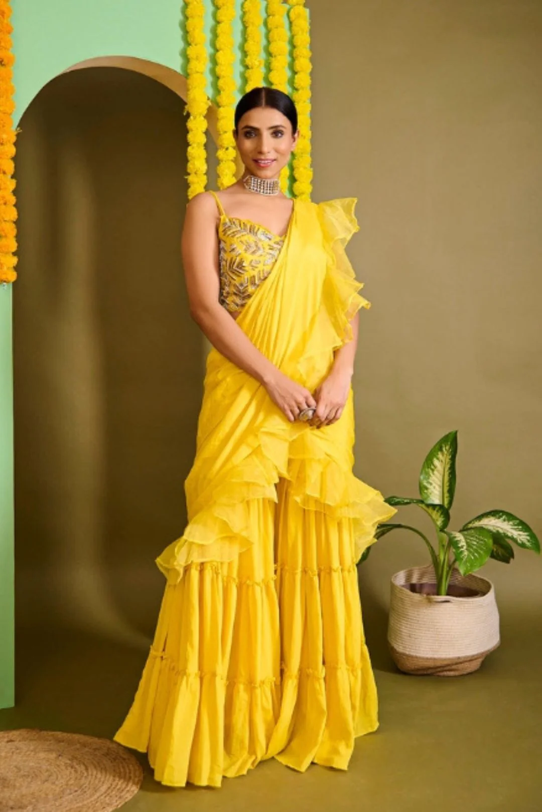 Sunkissed Yellow Organza Sharara Saree Set - Rent