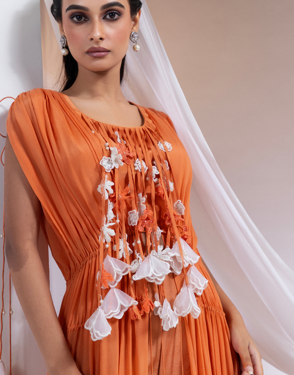 Sunlit Bloom Tangerine Three-Piece Set with 3D Floral Bustier & Flowy Chinon Overlay_1