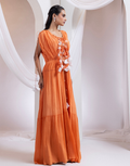 Sunlit Bloom Tangerine Three-Piece Set with 3D Floral Bustier & Flowy Chinon Overlay_2