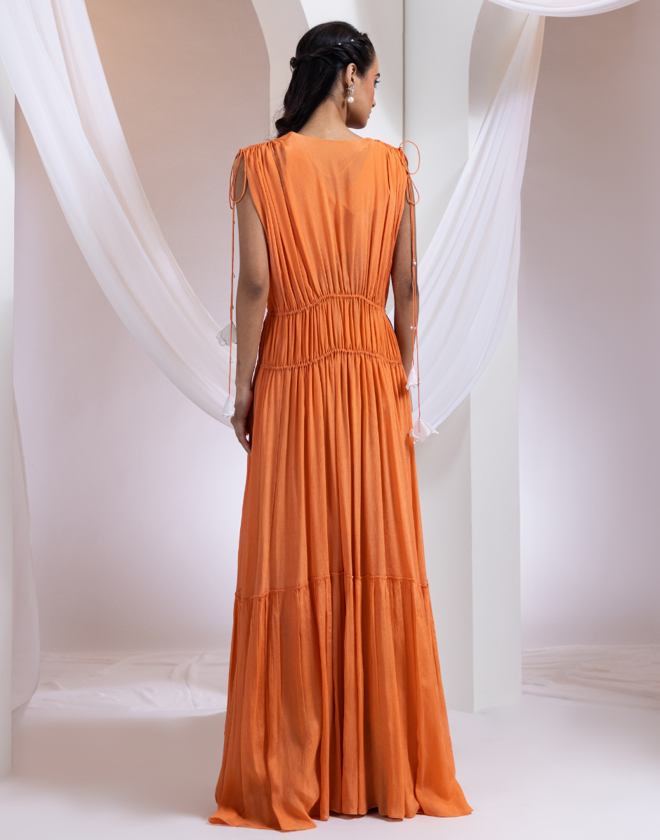 Sunlit Bloom Tangerine Three-Piece Set with 3D Floral Bustier & Flowy Chinon Overlay_3