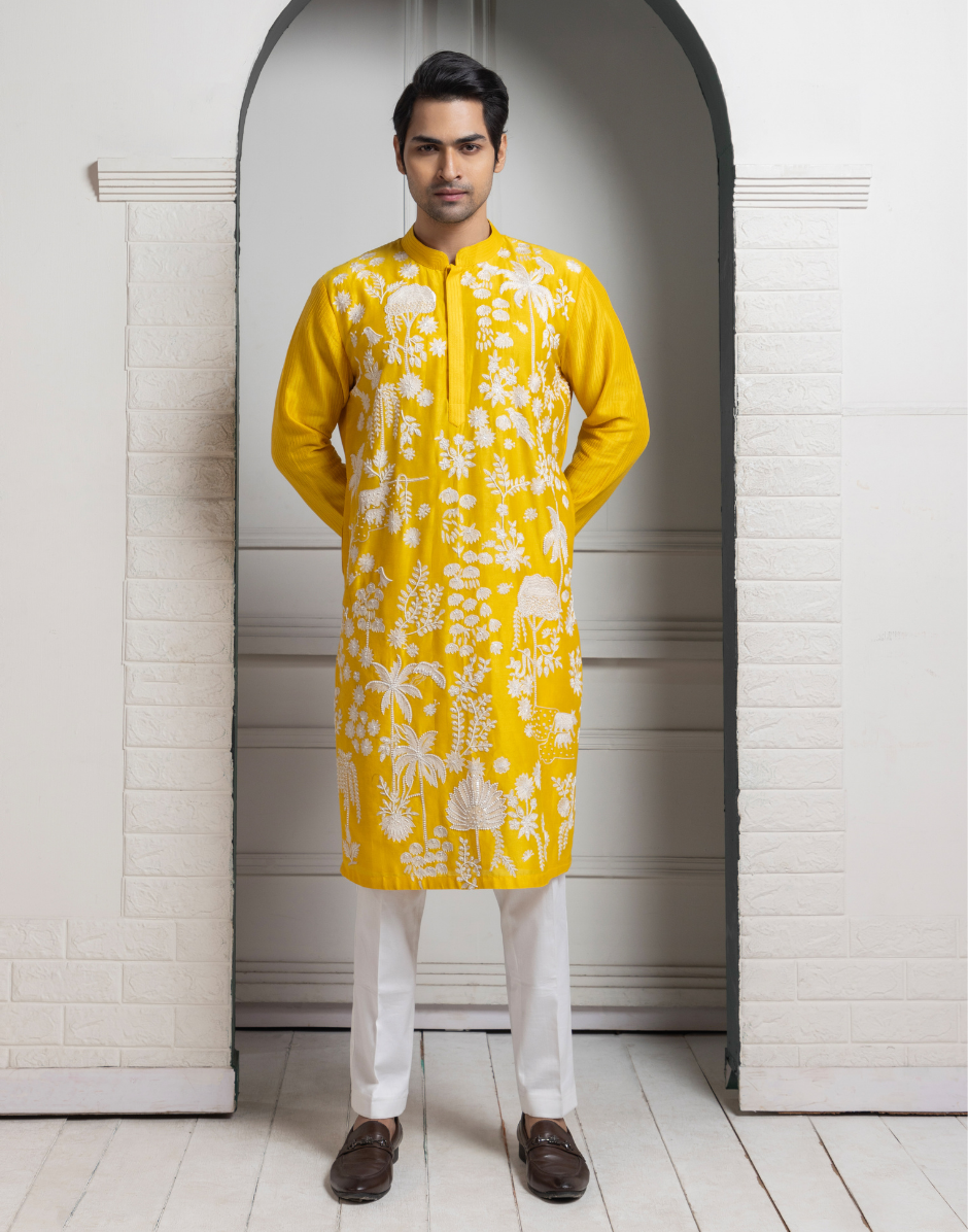 Sunlit Yellow Harmony White Thread Embroidered Kurta Set