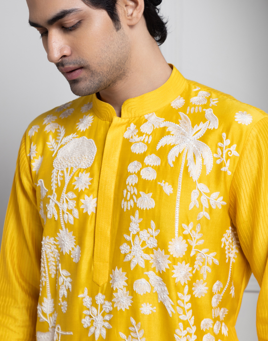 Sunlit Yellow Harmony White Thread Embroidered Kurta Set