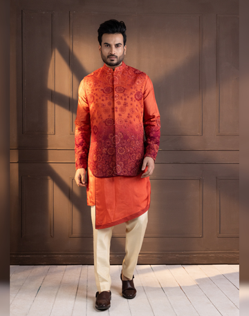 Sunset Bloom Embroidered Nehru Jacket & Kurta Set Fusion of Tradition and Elegance