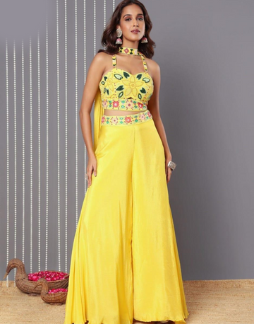 Sunshine Glow Yellow Multi Coloured Thread Embroidered Top, Palazzo & Dupatta