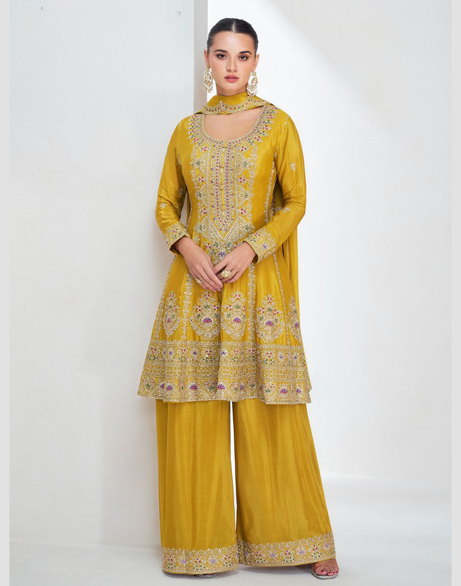 Sunshine Luxe Mustard Yellow Premium Chinon Silk Top, Palazzo & Dupatta Set