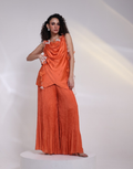 Tangerine Two-Piece Co-Ord Set with Overlap Cowl Neck Top & Ruched Palazzo Pants