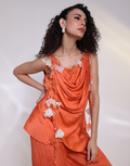 Tangerine Two-Piece Co-Ord Set with Overlap Cowl Neck Top & Ruched Palazzo Pants_2