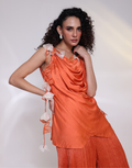 Tangerine Two-Piece Co-Ord Set with Overlap Cowl Neck Top & Ruched Palazzo Pants_4