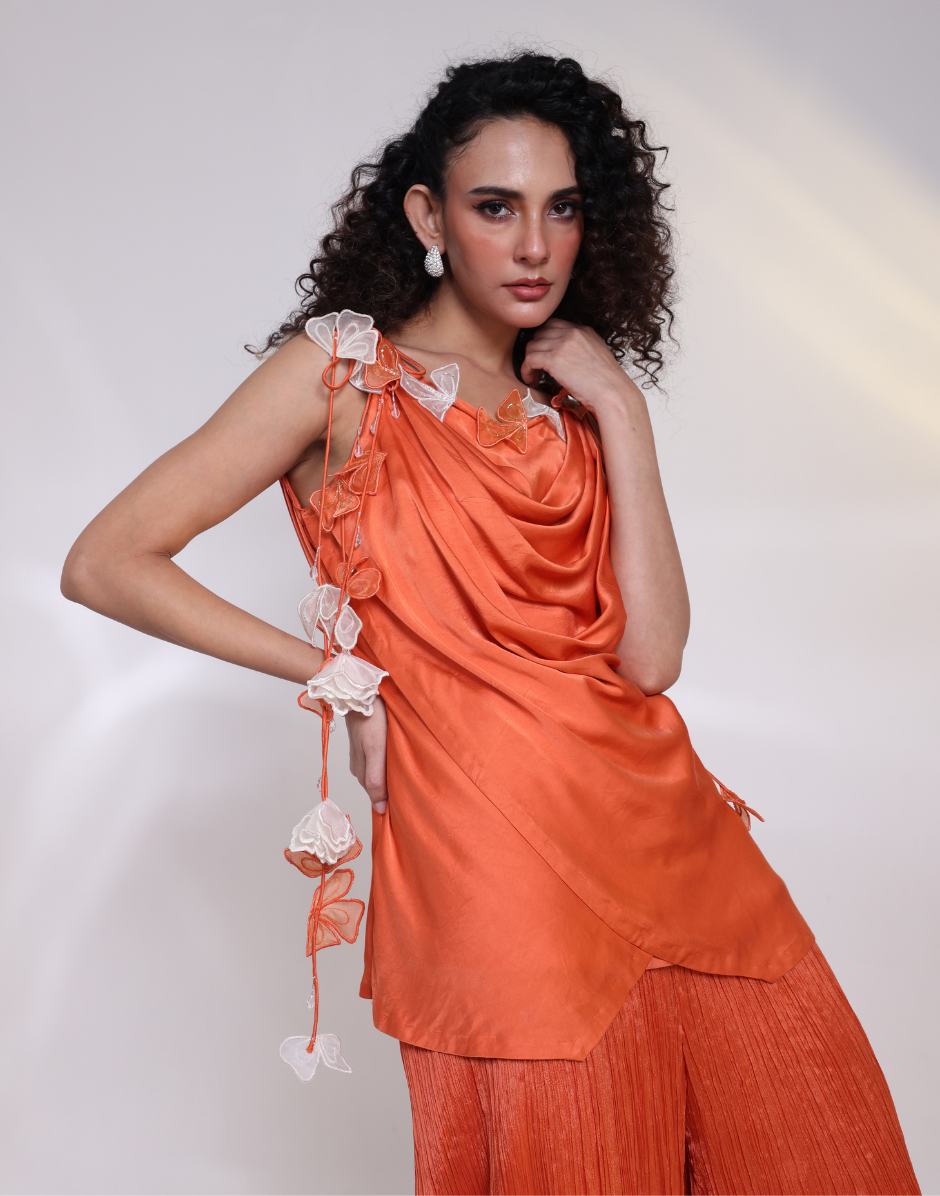 Tangerine Two-Piece Co-Ord Set with Overlap Cowl Neck Top & Ruched Palazzo Pants_4