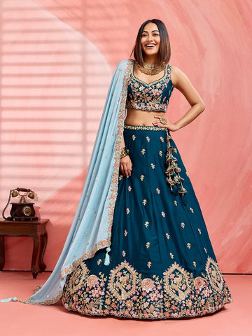Teal Green Georgette Lehenga for Mehendi - RENT