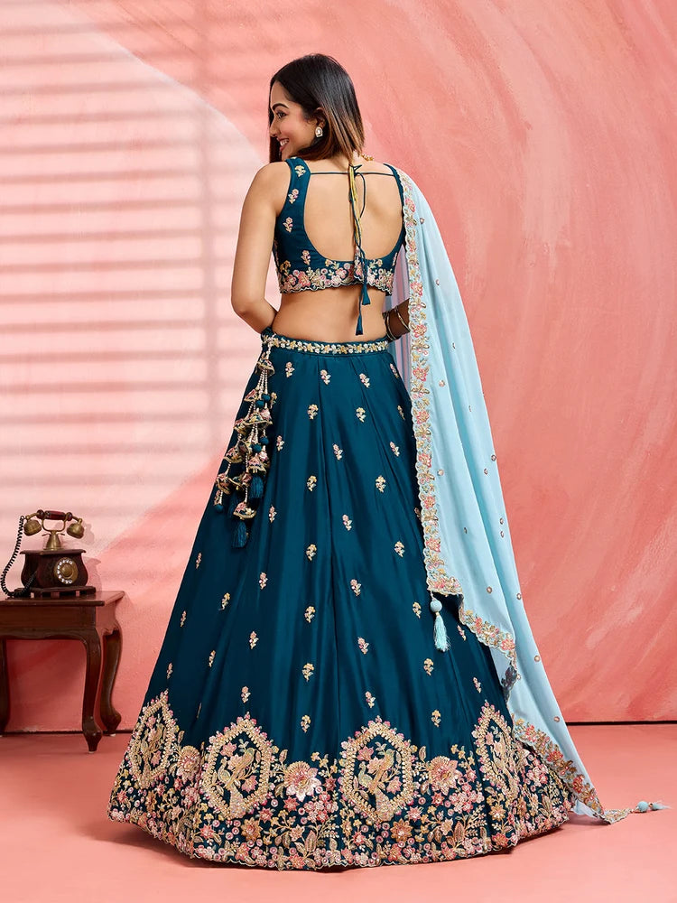 Teal Green Georgette Lehenga for Mehendi - RENT