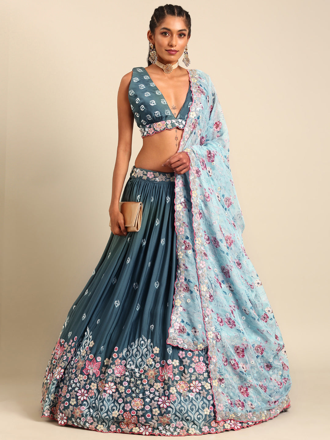 Teal Blue Chinon Sequins embroidery Semi-Stitched Lehenga choli & Dupatta - Rent