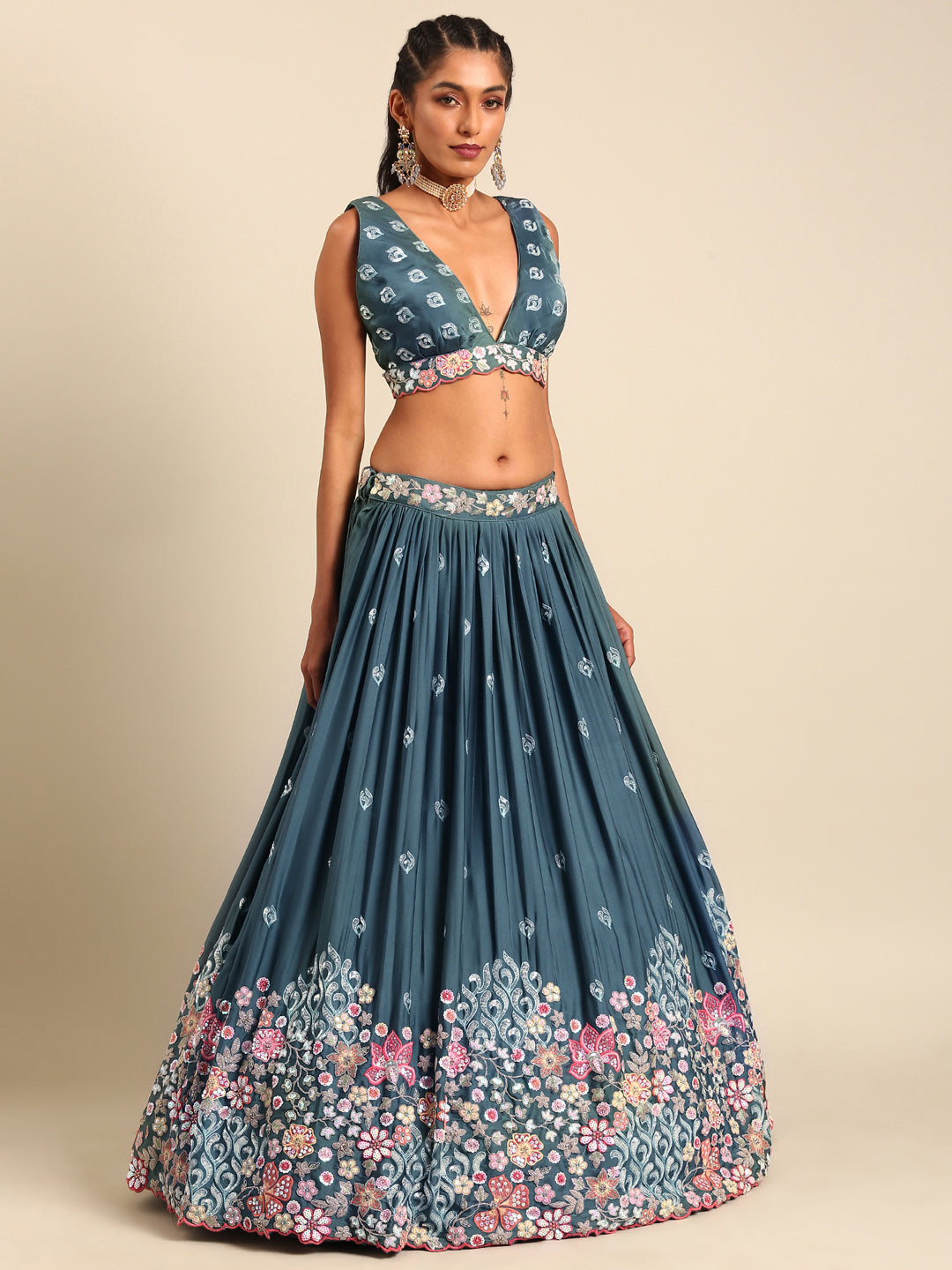 Teal Blue Chinon Sequins embroidery Semi-Stitched Lehenga choli & Dupatta - Rent
