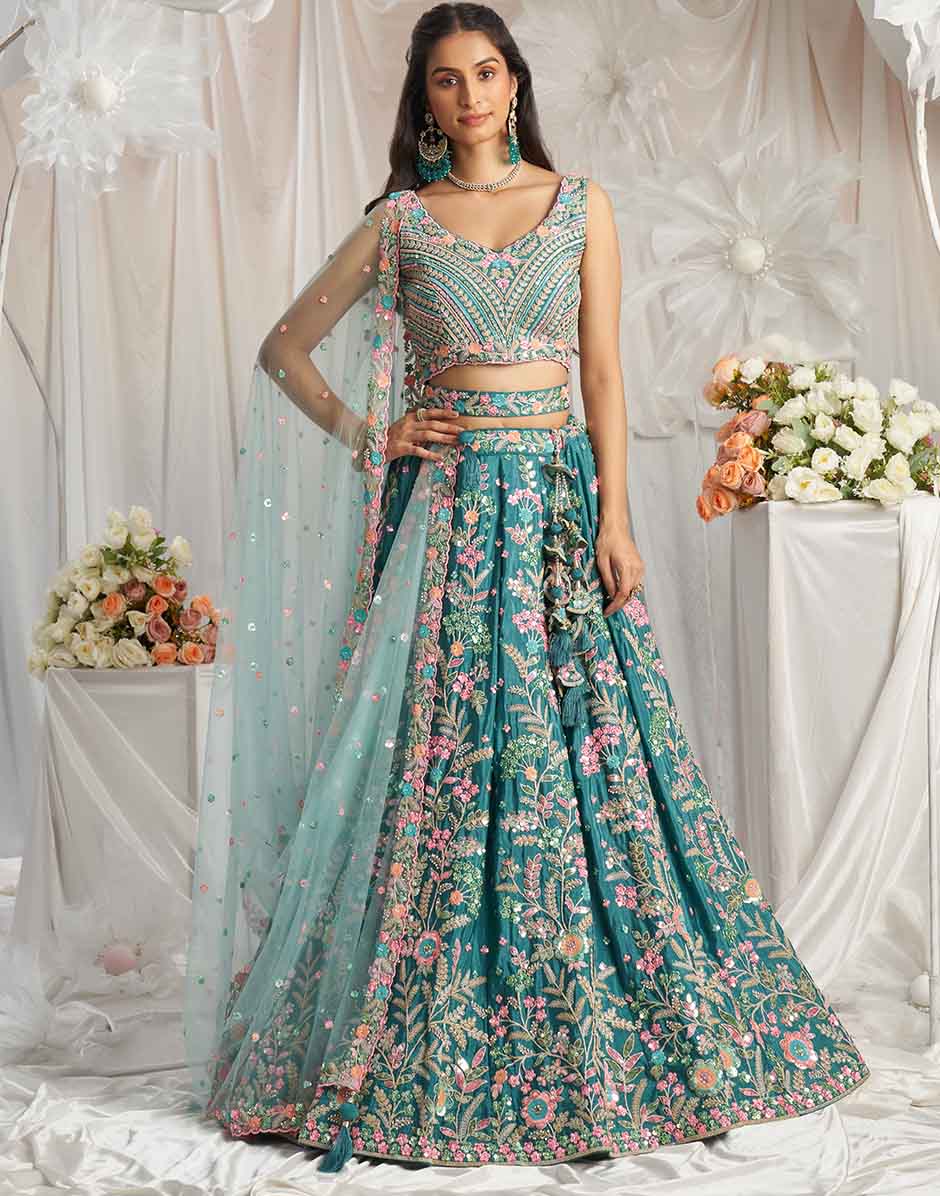 Teal Georgette Sequins Embroidery Semi-Stitched Lehenga Choli & Dupatta
