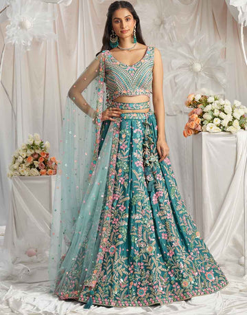 Teal Georgette Sequins Embroidery Semi-Stitched Lehenga Choli & Dupatta