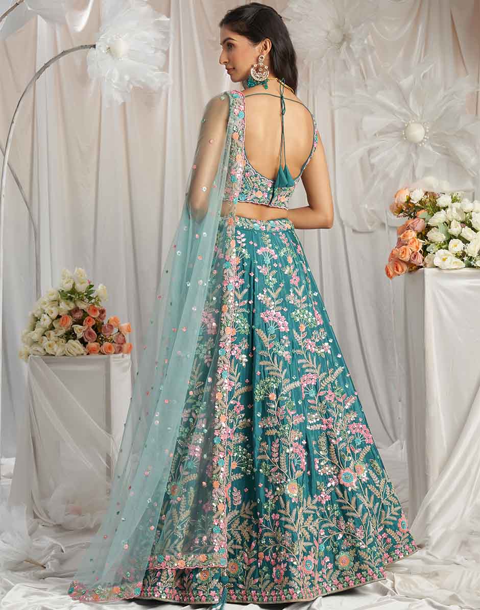 Teal Georgette Sequins Embroidery Semi-Stitched Lehenga Choli & Dupatta