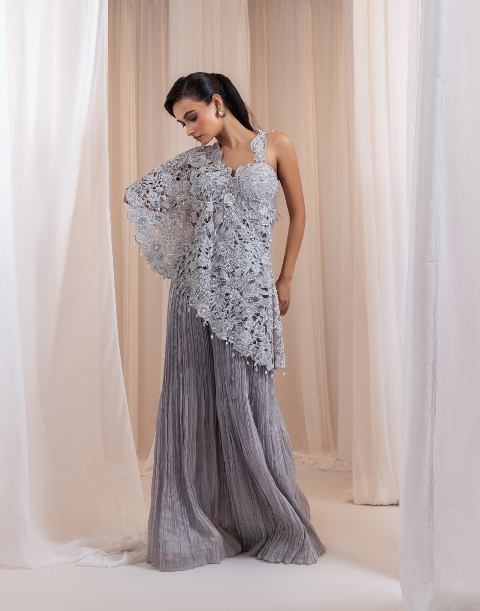 The Frosted Petal Set in Grey 3D Floral Bustier and Palazzo Ensemble with Asymmetric Organza Drape