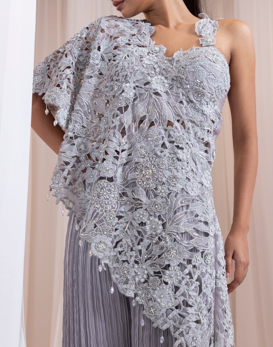 The Frosted Petal Set in Grey 3D Floral Bustier and Palazzo Ensemble with Asymmetric Organza Drape