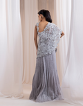 The Frosted Petal Set in Grey 3D Floral Bustier and Palazzo Ensemble with Asymmetric Organza Drape_2
