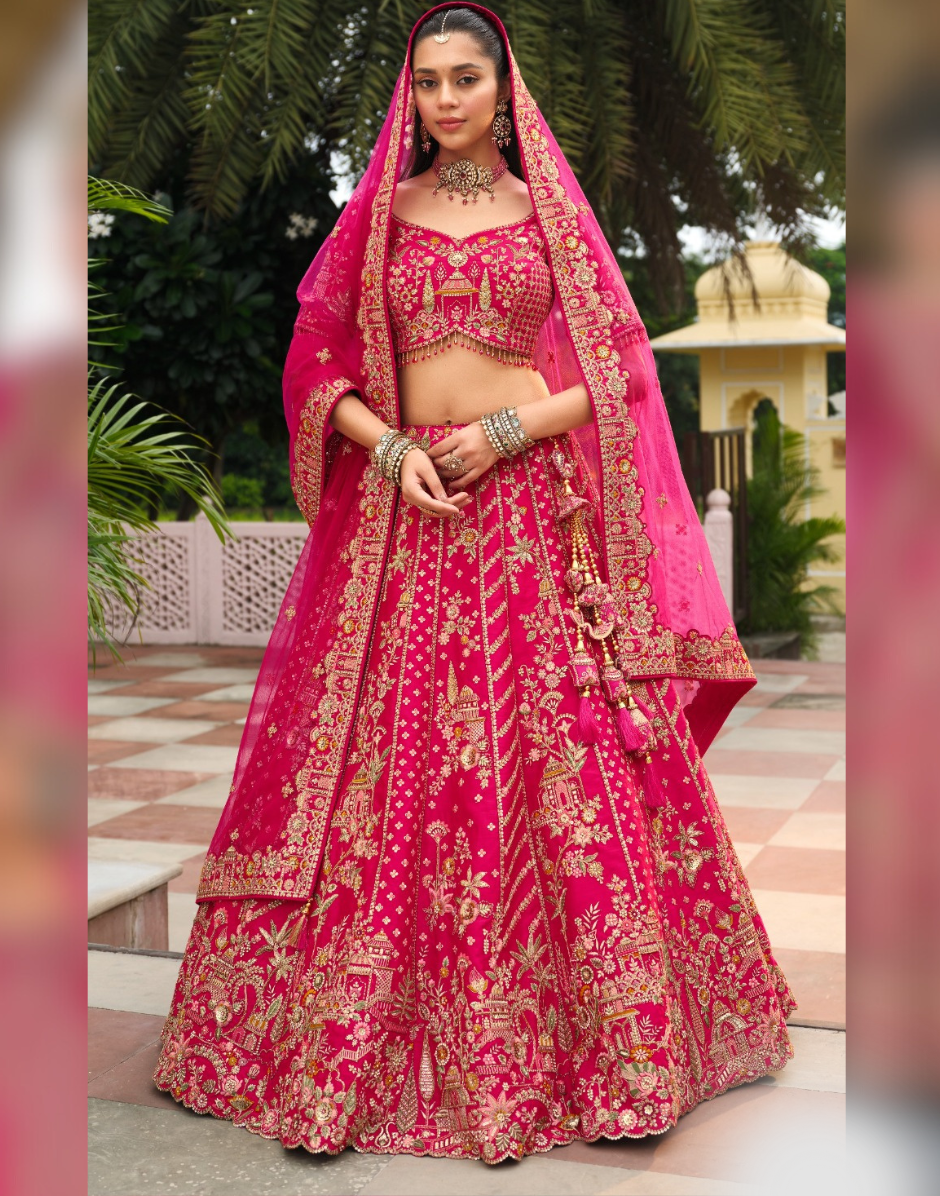 The Pink Elegance Heavy Bridal Silk Lehenga with Artistic Khatli Work - Buy