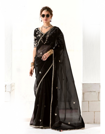 Timeless Black Organza Tissue Saree with Sequin Accents & Elegant Embroidered Detailing Luxe Evening & Party Wear