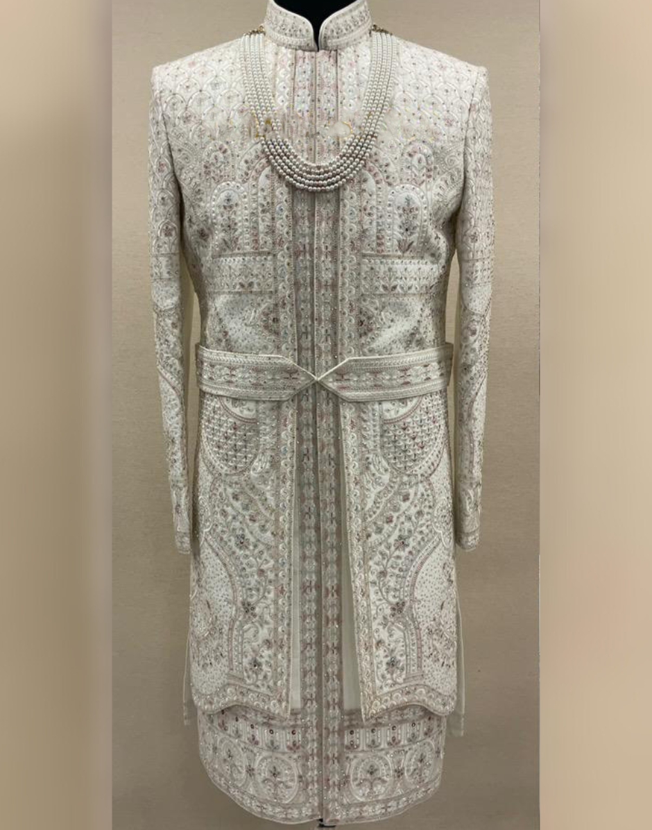 Timeless Cream Sherwani Set with Luxury Embroidery & Details