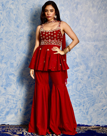 Timeless Elegance Maroon Hand-Embroidered Silk Peplum Kurta with Silk Sharara and Georgette Choker Dupatta