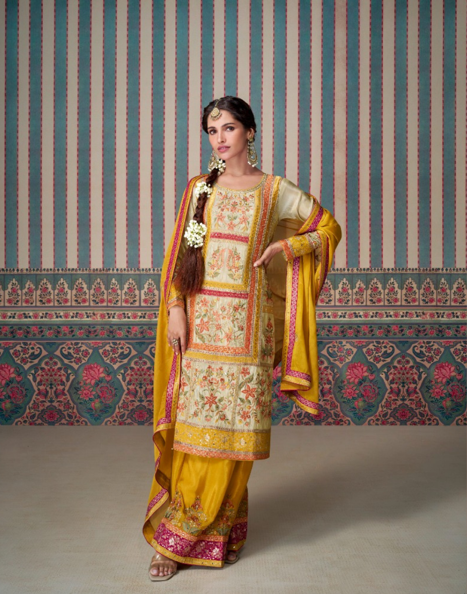 Timeless Elegance Mustard Embroidered Simar Silk Set with Pure Viscose Jacquard Lace Top, Palazzo & Dupatta