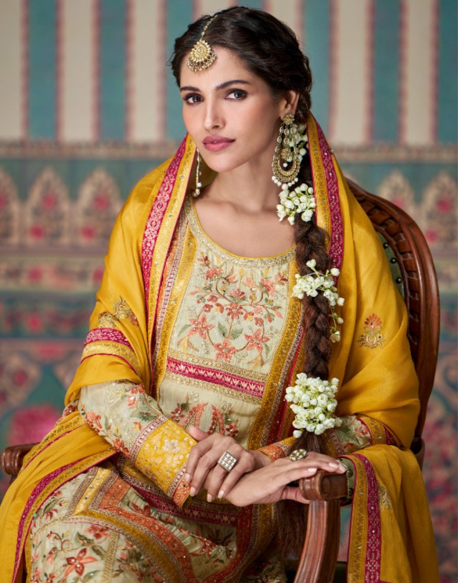 Timeless Elegance Mustard Embroidered Simar Silk Set with Pure Viscose Jacquard Lace Top, Palazzo & Dupatta